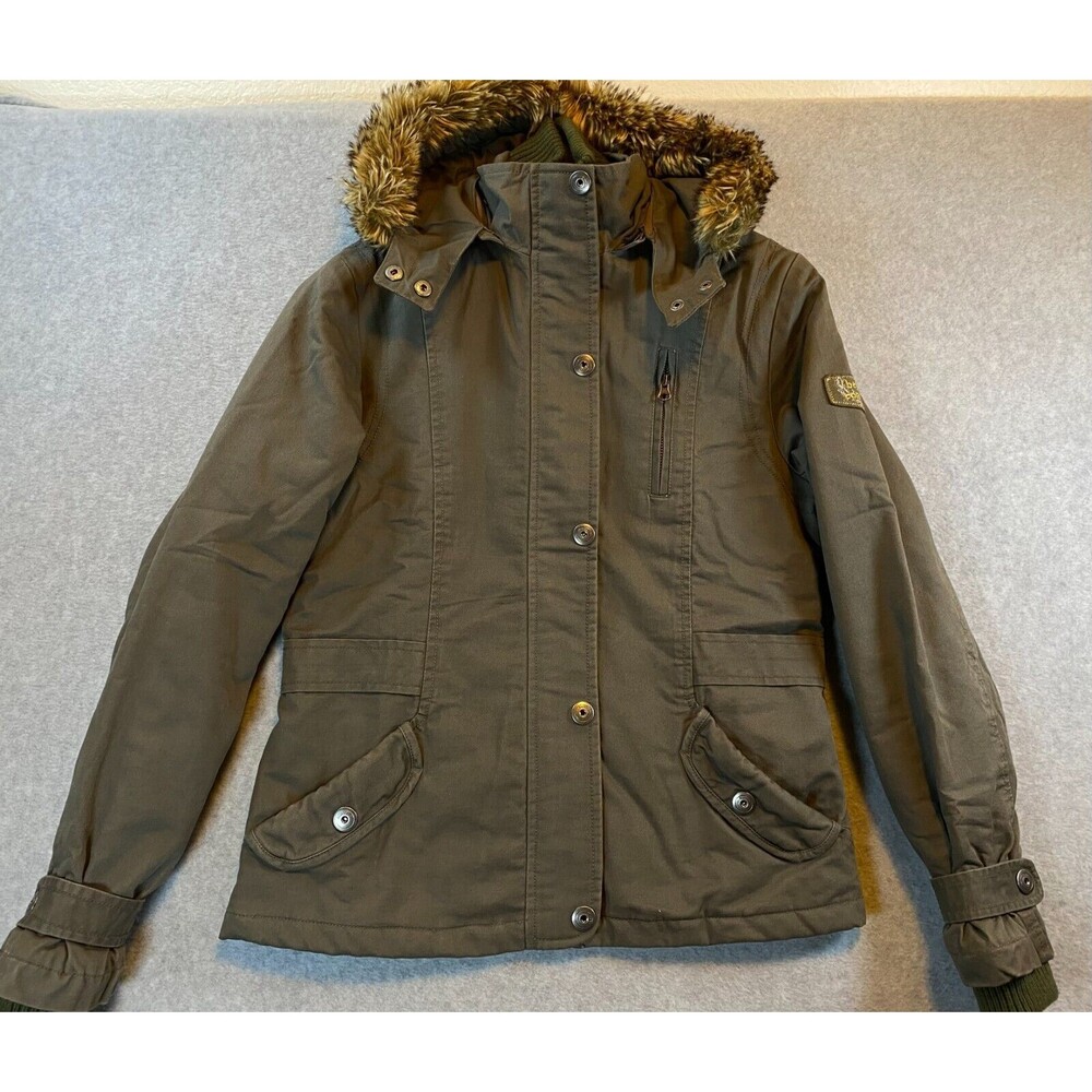 Madame Outerwear Parka Coat Women's Small Olive Green 100% Cotton Faux Fur‎ Hood